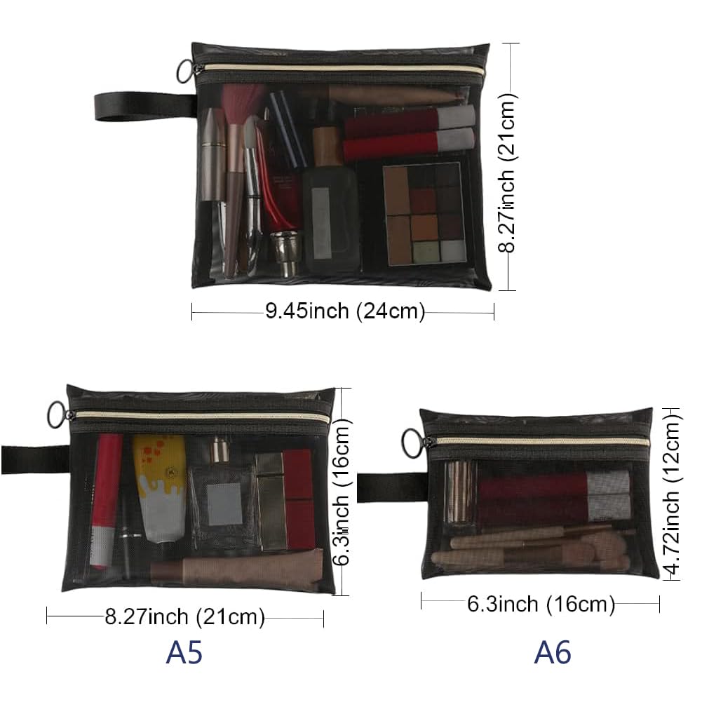 Mesh Cosmetic Bags with Zipper and Handle, Breathable Organization Pouch Pocket for Travel Purse Makeup Toiletry Office Home to Storage Items, 3pcs Black Assorted Sizes 9x8 8x6 6x4 inch