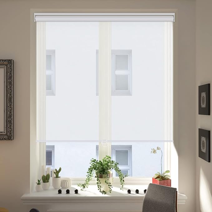 LUCKUP Light Filtering Roller Shades for Windows, Cordless Semi Sheer Solar Blinds with 5% Openness Free-Stop Window Shades for Home & Office, White 27" W x 72" L