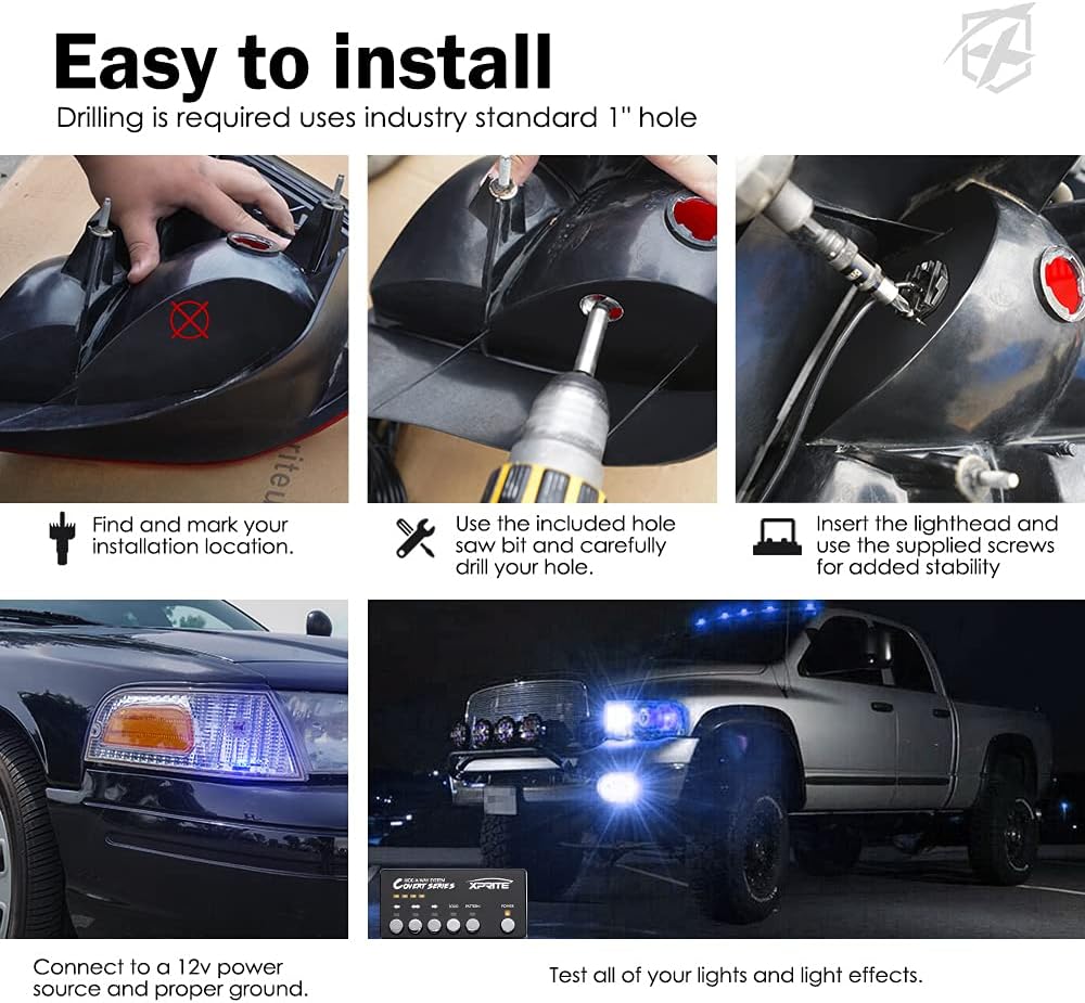Xprite Blue LED Hideaway Strobe Police Lights Kit, 20 Flashing Patterns w/Control Panel for Headlights Taillights Hazard Warning Mounting, for Emergency Vehicles Volunteer Cars Trucks SUV 4PCS
