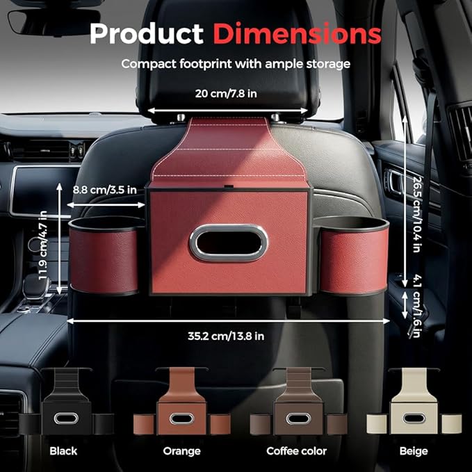 3-in-1 Car Backseat Organizer with Cup Holder, Tissue Box, Trash Bin & Hooks,Multifunctional Back Seat Car Organizer for Hold Phones,Snacks,Drinks,and Handbags (A-Coffee)