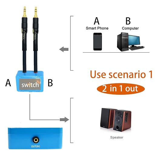 20ft Sound Channel swicher 1/8" aux Input 3.5mm Female to 2X 3.5 Output Switch