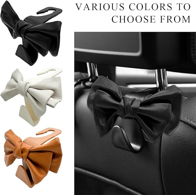 2PCS Purse Holder for Car Hooks, Cute Bow Car Seat Headrest Hooks Handbag Hanger, Bow Knot Auto Back Seat Organizer Storage Hook for Purse Bags Umbrellas, Car Accessories (Brown)