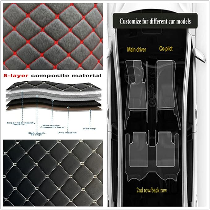 Custom Personalized Floor Mats for Cars - Luxury Full Coverage All Weather Mats, Anti-Slip Leather Mat Set, Fit for 99% of Cars, SUVs & Trucks (Black Red, A-Diamond)
