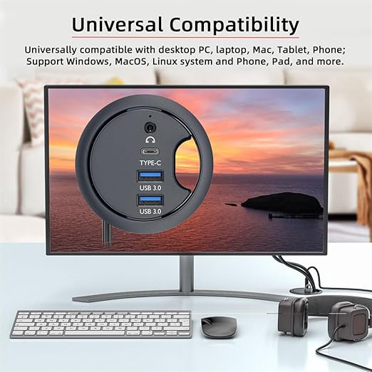 Xiwai USB 3.0 Hub Splitter, Sound Card USB-C 2 Port USB Multiport Expander High Speed Type C Data Port 60mm Desk Grommet Dock Station Headphone Mic Audio Interface for PC Desk Desktop