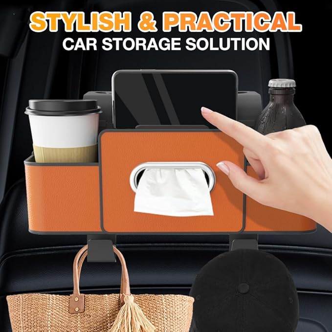Back Seat Car Organizer,3 in 1 Car Backseat Storage Box with Cup Holder,Tissue Box,Trash Bin&Hooks,Multifunctional Waterproof Storage for Hold Phones Snacks Drinks Handbags (1, White)