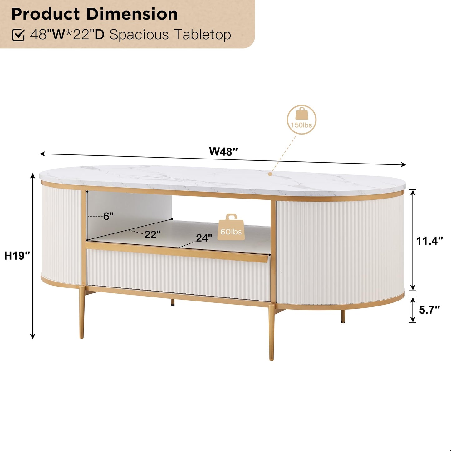 OKD Modern Luxury Fluted Coffee Table, 48" Oval Coffee Table with Drawer, Faux Marble Top, Curved Profile Design, Gold Metal Decor, Center Table for Living Room, Off White
