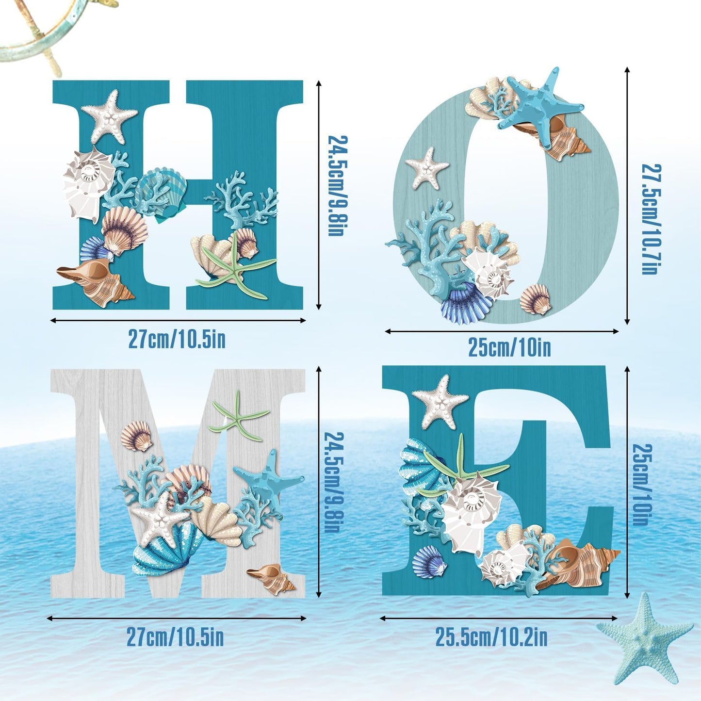 4 Pcs Wood Home Sign Coastal Beach Wall Decor Beach Style Signs Blue Starfish and Shell Wall Decor Beach Theme Sign for Home Letters Hanging Wall Decor Art Signs for Living Room Kitchen Bedroom Decor