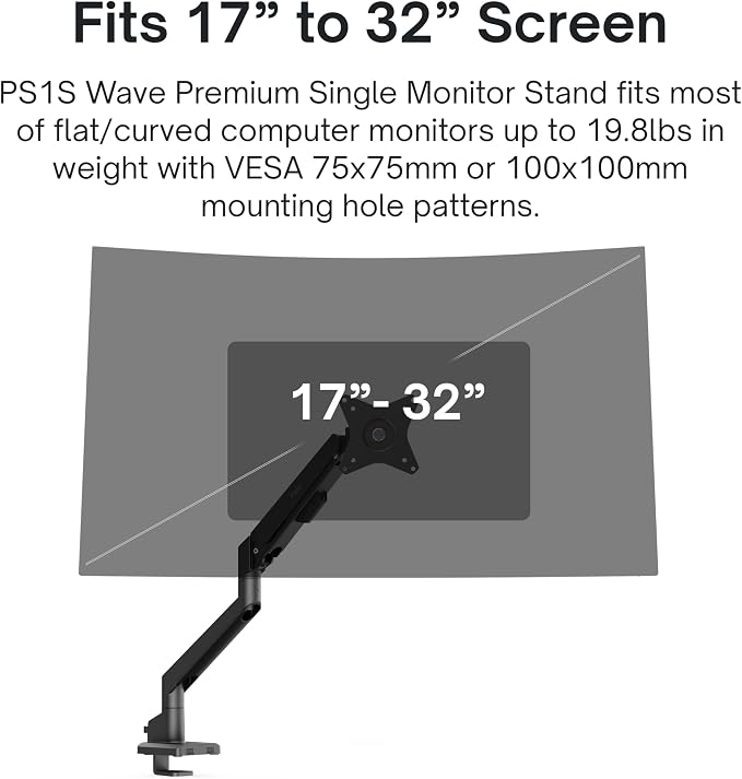 Pixio PS1S Wave Black Single Monitor Arm Stand Desk Mount
