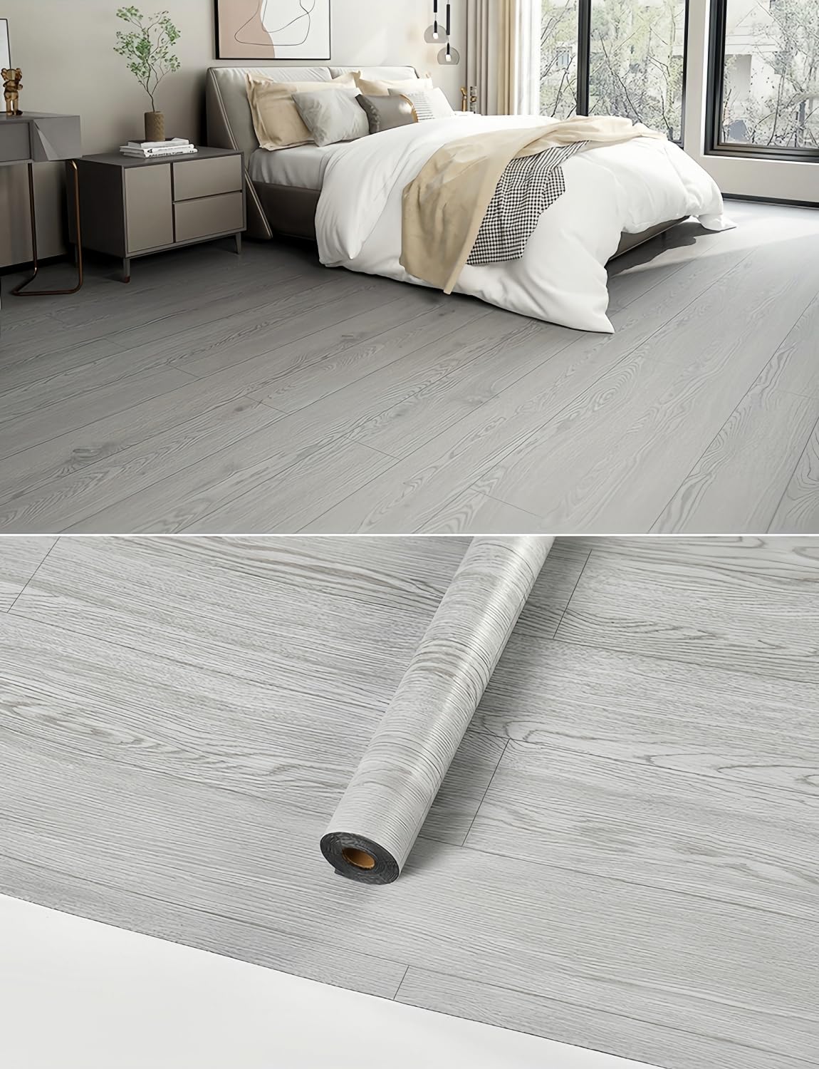 2 Rolls 15.7'' Wide Peel and Stick Floor Tiles FOGZUVR: 25.73 Sq.ft Self-Adhesive Thick Vinyl Flooring, Durable Waterproof Wood Grain Large Plank for Bathroom & Kitchen (Paleish Grey, 118''x15.7'')