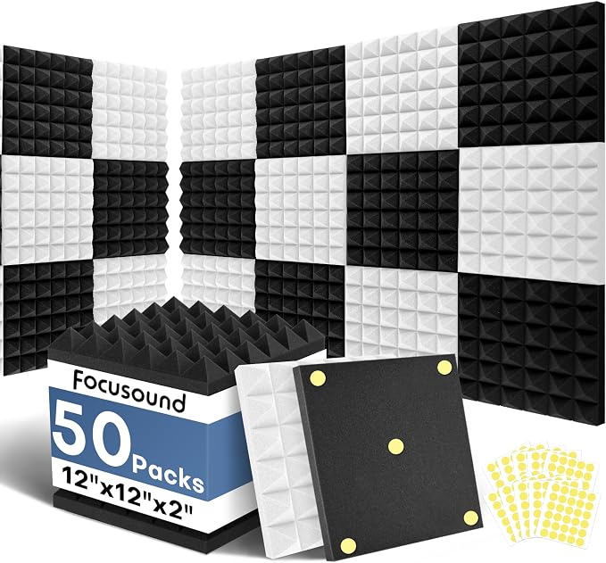 Focusound Black White Acoustic Panels 50 Pack 2"x12"x12"