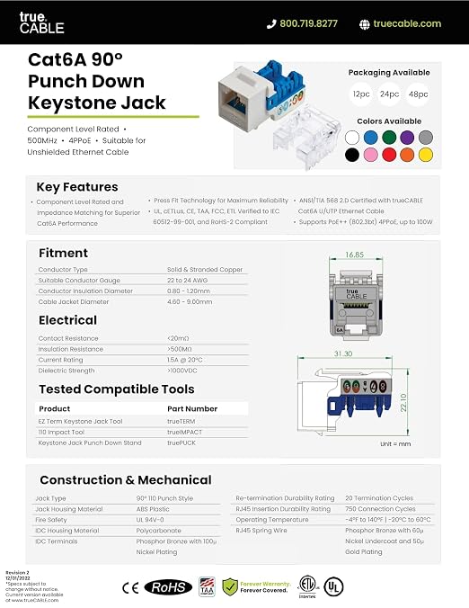 trueCABLE Cat6A Keystone Jack, Unshielded, 90 Degree Punch-Down, UL Listed
