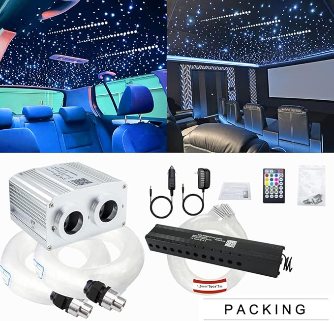 AZIMOM Dual Port 16W Twinkle Bluetooth Fiber Optic Starlight Kits 900pcs0.03in9.8ft Fibers Strands Meteor Shooting Star Sound Activated RGBW APP/Remote for Car Home Ceiling Headliner Decor