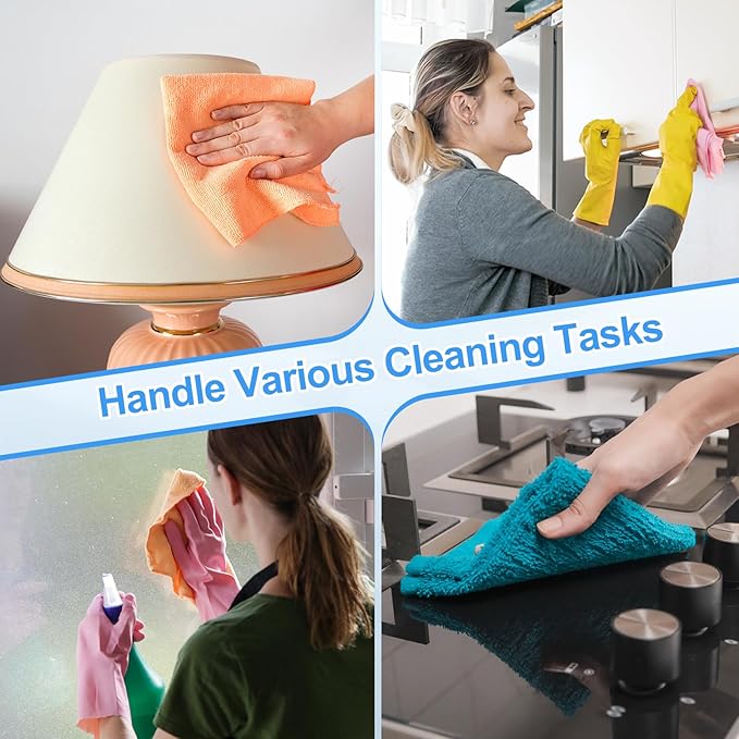HARFINGTON 4 Pack Microfiber Cleaning Cloth, 16" x 12" Multi-Functional Cleaning Towels Reusable Absorbent Rags with Hook for Car Wash Kitchen Household Window Clean, Purple