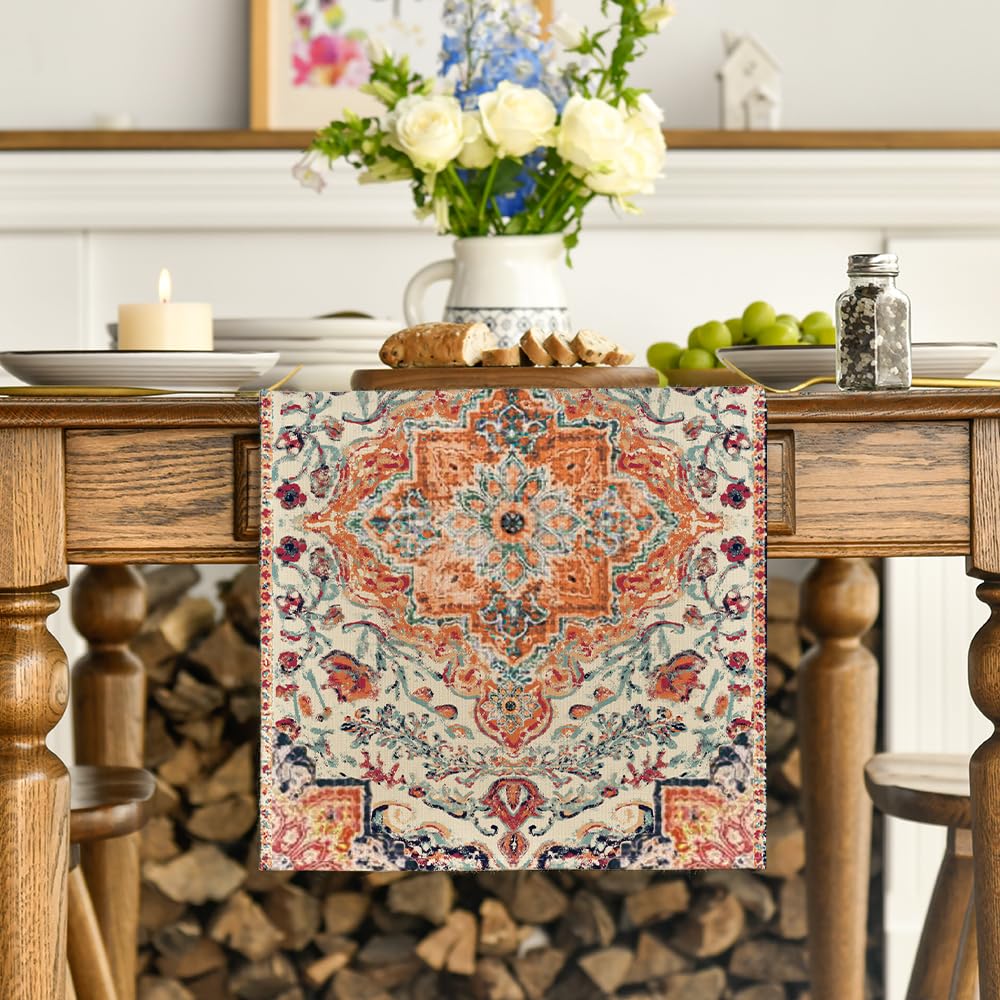 Artoid Mode Boho Bohemia Style Orange Table Runner, Country Rustic Farmhouse Magical Fall Kitchen Dining Table Decoration for Home Party Decor 13x72 Inch