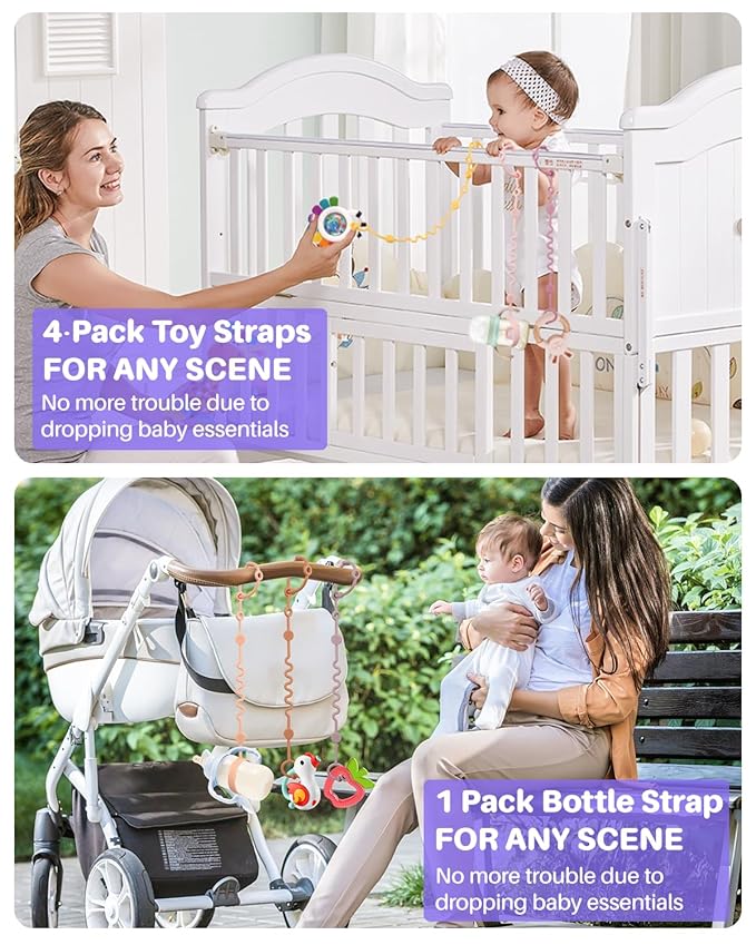 LittleHugs 3pcs Adjustable Toy Strap Holder - Silicone Baby Tether Pacifier Clip - Travel Essential Leash for Stroller, High Chair, Car Seat