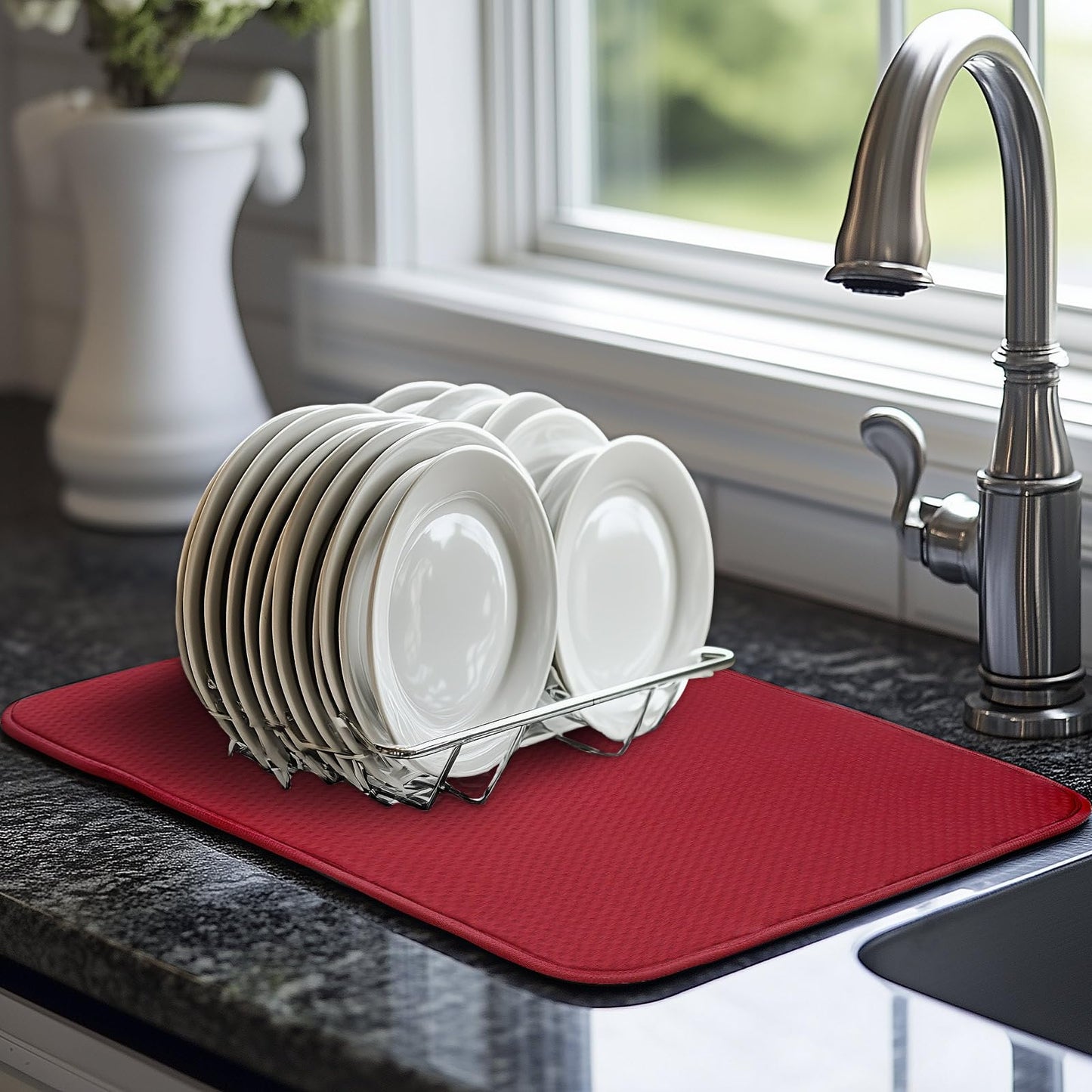 FULL BE DARE Dish Drying Mat, Large Dish Drying Mats for Kitchen Counter, 20 x 15 Inch Absorbent Dish Mat, Reusable & Washable Kitchen Drying Pad (Red)