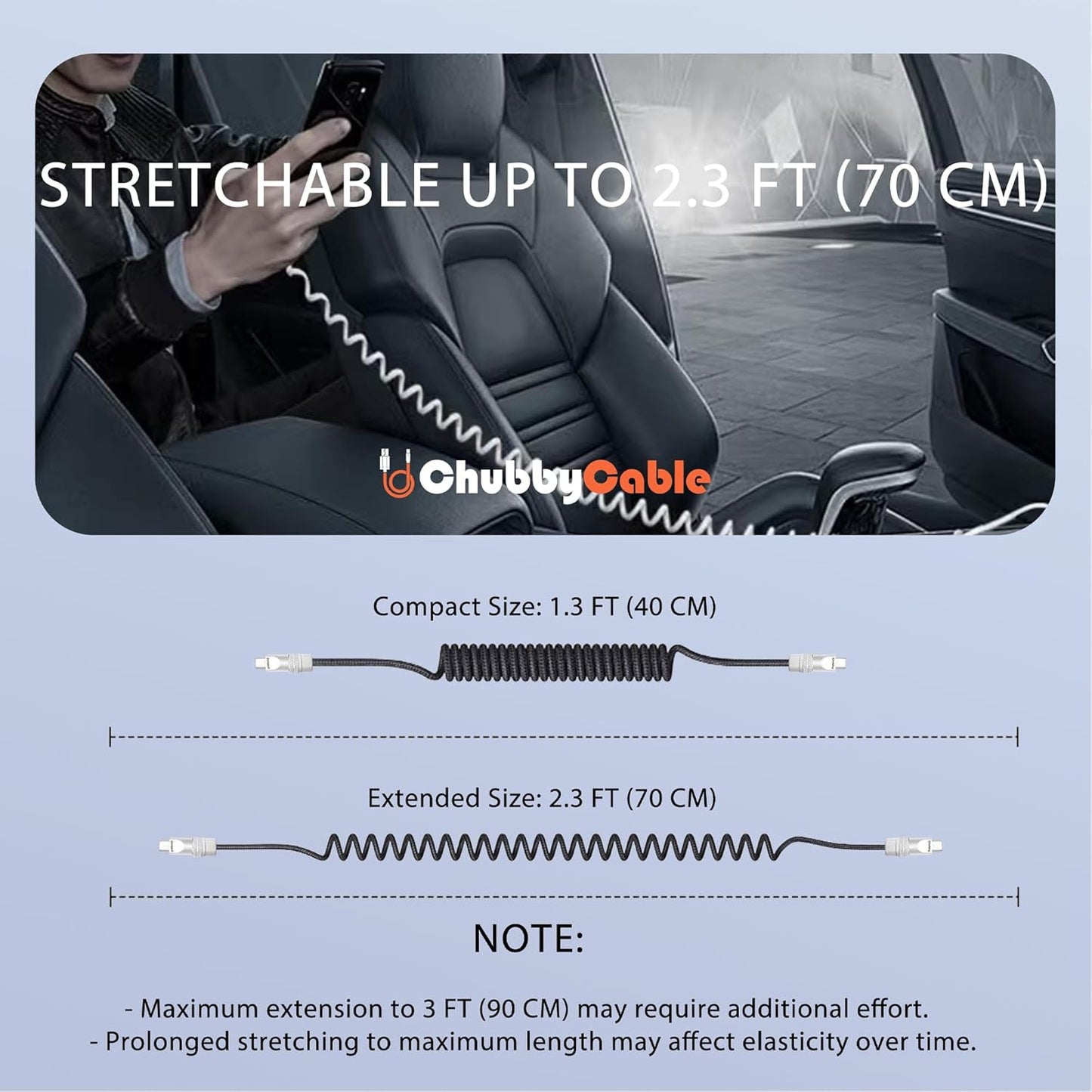 chubbycable Curly Chubby - Retractable Fast Charging Cable 240W Coiled Charger Cord for Car Durable USB-C Cable for Phones, Tablets and More, White, USB-A to Type-C, 1.3FT-2.3FT