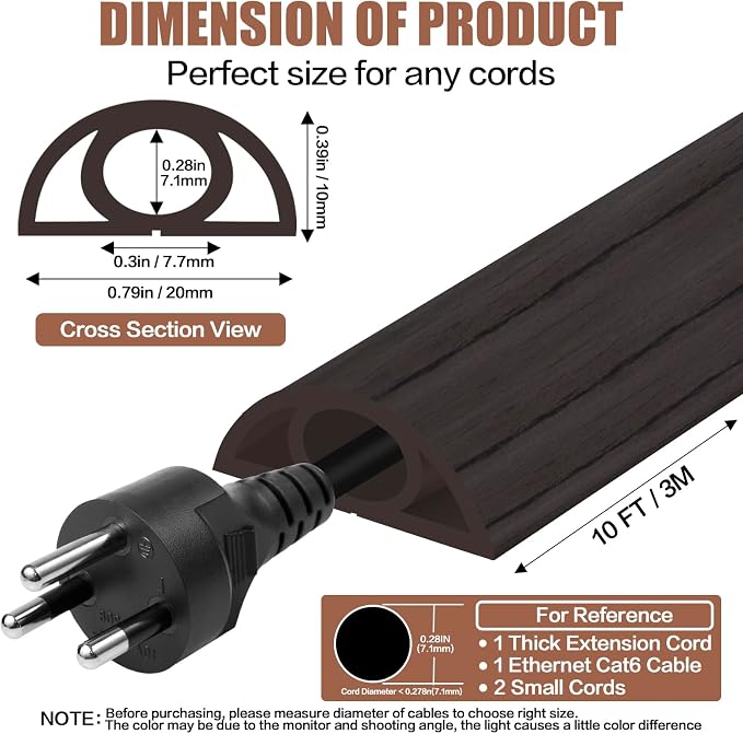Floor Cord Cover Self Adhesive Cord Hider, 10FT Cable Management, Extension