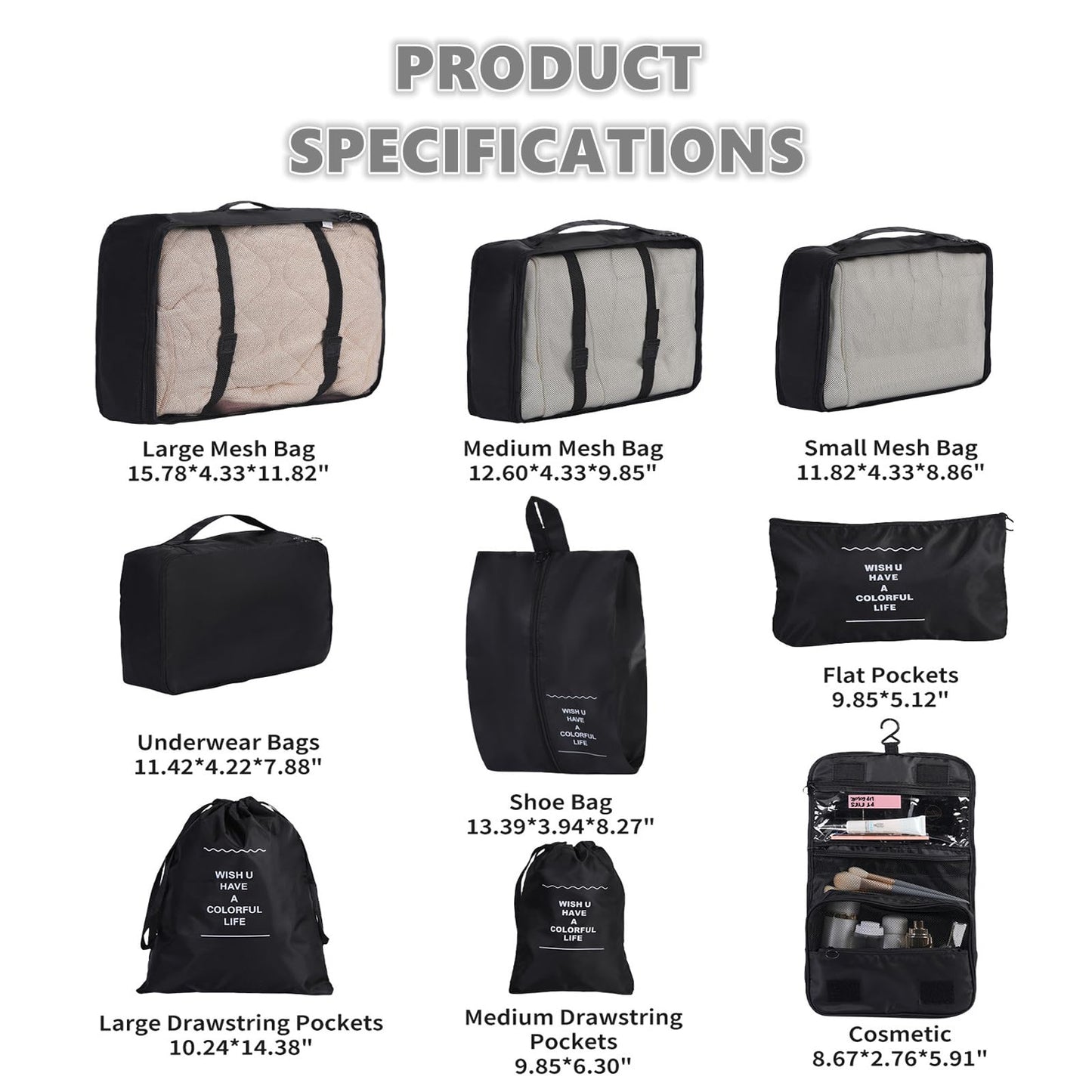 Packing Cubes Storage Luggage Organizers Bags 9 set for Travel Clothing Classification Storage Bag (Black, 9 Pieces)