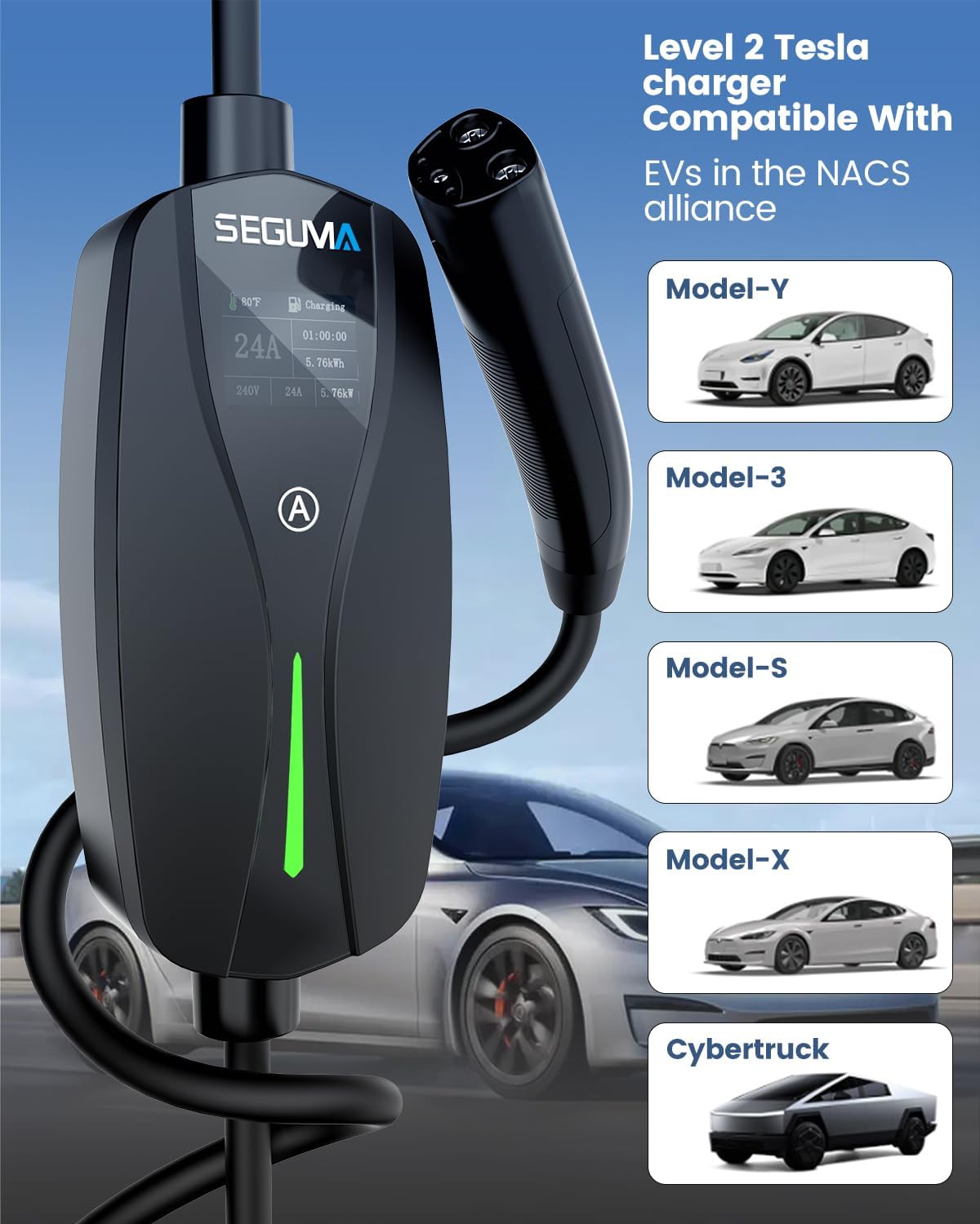 Level 2 Tesla Charger-24Amp 240V, NEMA 14-30 Plug, 25FT Extension Cable, Adjustable Current (10-24A)-Portable Home Mobile EV Charger for Model Y/X/3/S/Cybertruck, Fit 4-Prong Dryer Outlet