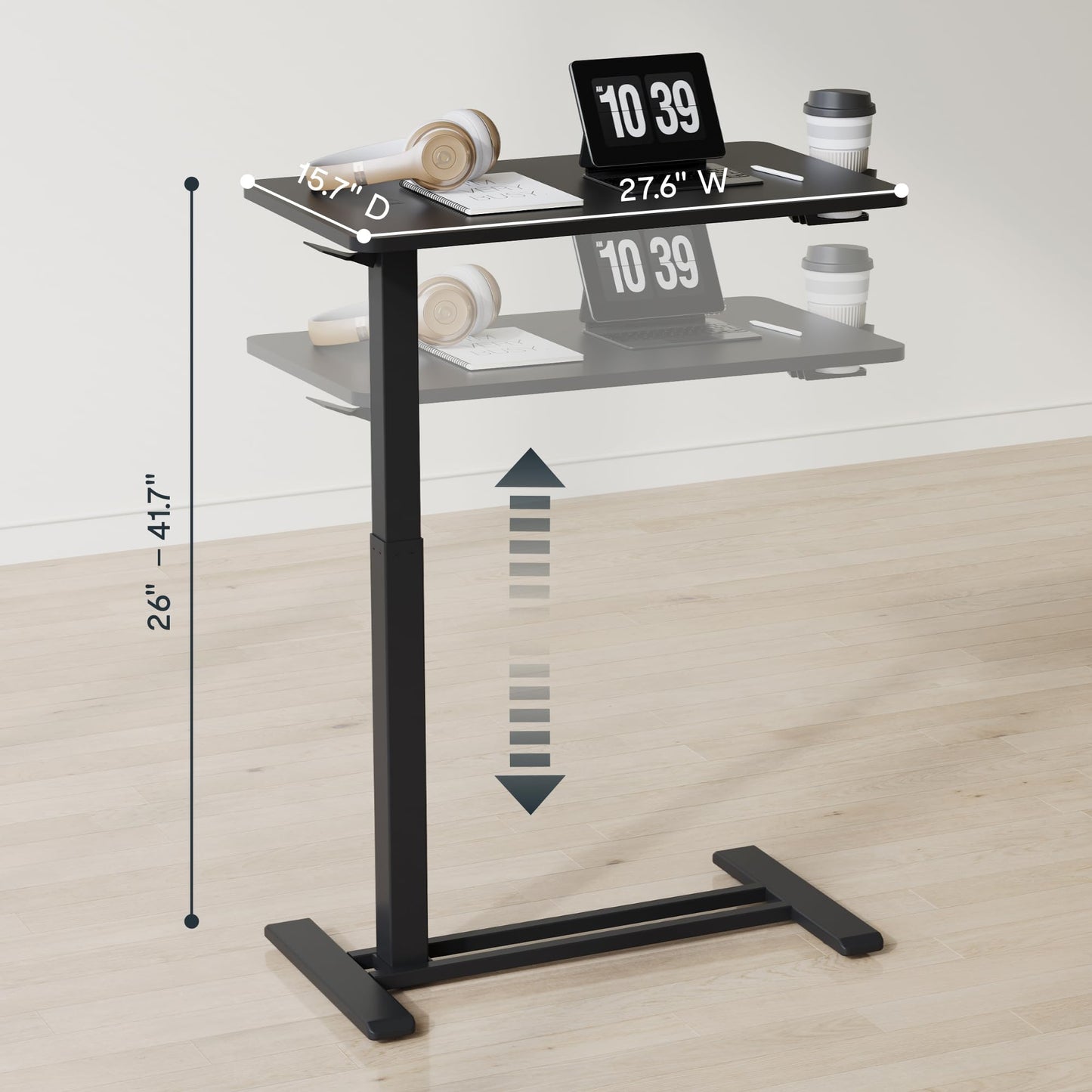 FLEXISPOT H7 Adjustable Overbed Bedside Table with Wheels Pneumatic Mobile Standing Desk Laptop Desk Rolling Computer Cart Movable Overbed Tables Hospital Home Use(27.6" W x 15.7" D, Black Table)