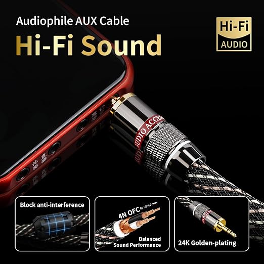 Audiophile HiFi Audio Cable–3.5mm to 3.5mm, 6N OFC Core, 24K Gold-Plated Plugs