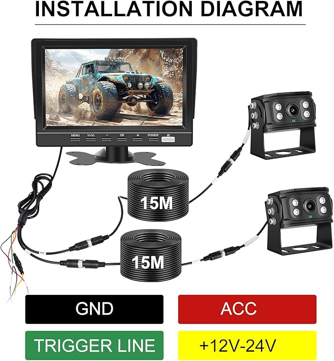 Dual RV Backup Camera 7 Inch 4K Display Screen Loop Recording Voice Control System IP68 Infrared Night Rear View Camera Wired Kit RV Trucks Tractors Car Videorecorders (12-24V)