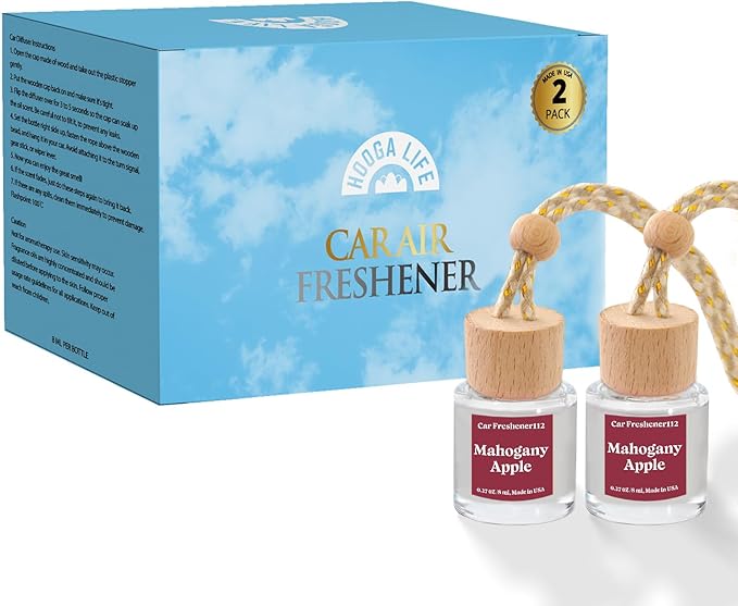 HoogaLife Car Air Freshener Diffuser 2 Pack Hanging Air Freshener Diffuser - Mahogany Apple Fragrance Oil Air D iffuser for Car, 45+ Days Long Lasting Fragrance Made in USA (MA112)