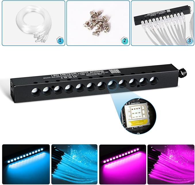 Split Car Starlight Headliner Kit, 4 Colors 12W Meteor Fiber Optic Starlight Kit, 860pcs*0.02in*9.8ft+240 RGBW Sound Activate Shooting Star Lights for Ceiling Car Roof/Home Decor