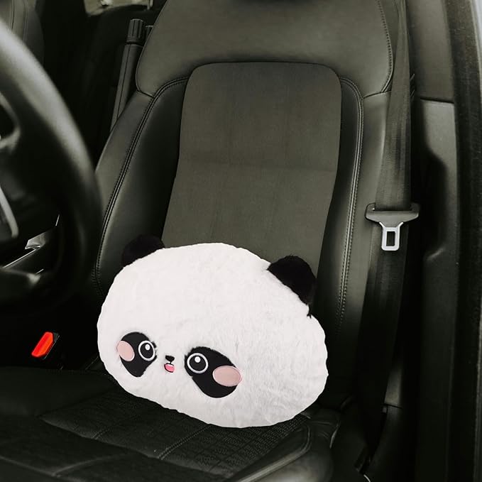 Car Lumbar Support Pillow with Cute Cartoon Panda Design, Round Plush Back Cushion for Driver and Passenger Seat, Soft Rabbit Hair Embroidered Lower Back Rest for Office