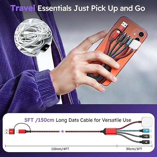 Travel Essentials 4in2 Multi Charging Cable for iPhone Watch Charger,USB A/C to 3 Type C/iWatch Charger,Charging Cables for Multiple Devices Compatible with iWatch 11-1/Ultra/SE&iPhone 17-12 5FT 2Pack