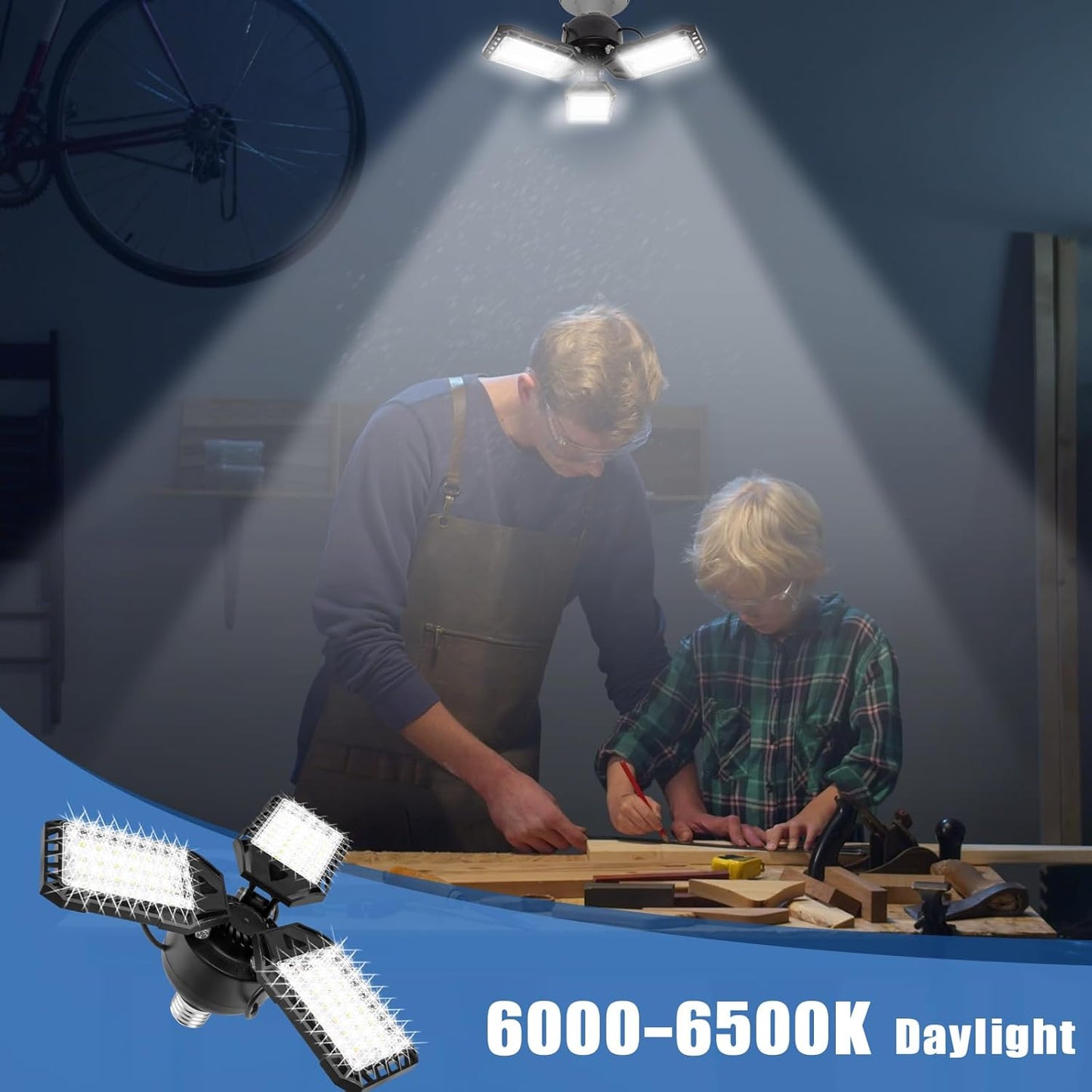 LED Garage Lights Bulb 4 Pack -80W, 8000LM 6500K Led Shop Light with 3 Deformable Panels, Basement Barn Light Garage Ceiling Lights, E26/E27 for Garage, Warehouse, Shop, Basement