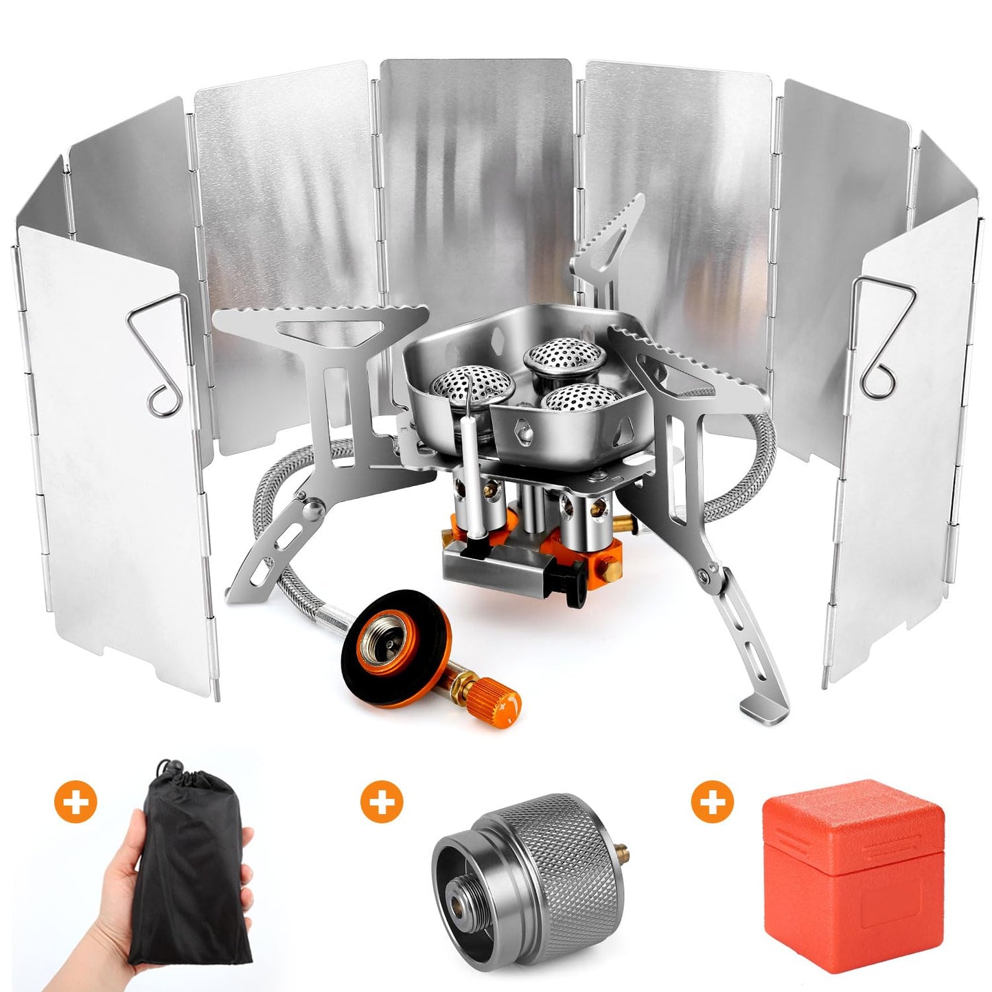 Odoland 3500W/6800W Windproof Camp Stove Camping Gas Stove with Windscreen, Fuel Canister Adapter, Piezo Ignition for Outdoor Backpacking Hiking and Picnic