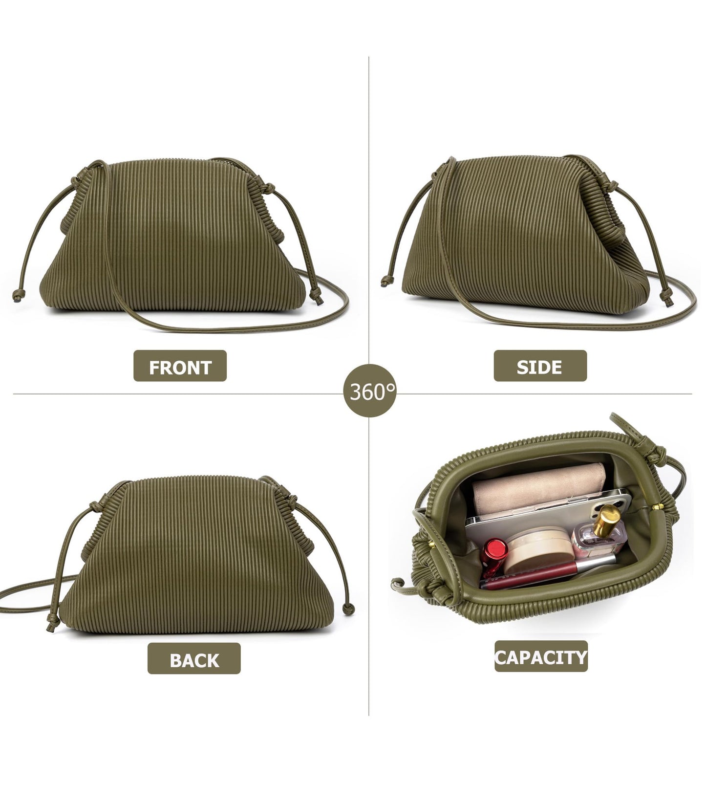KingTo Clutch Purses for Women, Soft Cloud Bag Fashion Dumpling with Ruched Pouch Handbag for Crossbody Shoulder (green)