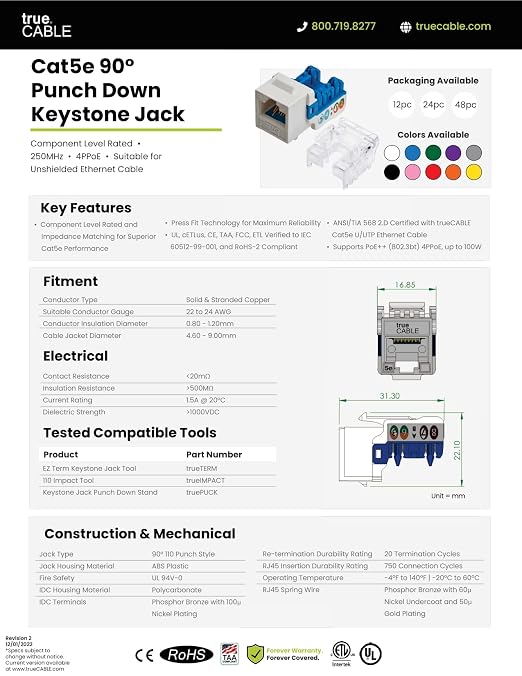 trueCABLE Cat5e Keystone Jack, Unshielded, 90 Degree Punch-Down, PoE++ 100W