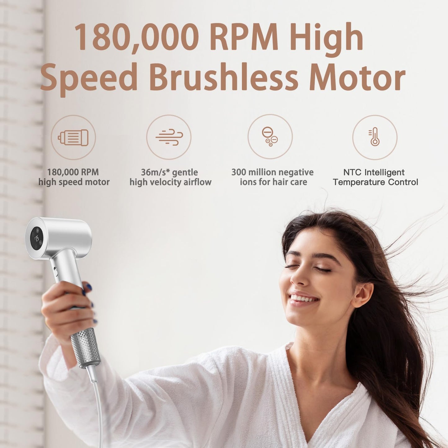 Hair Dryer, 180000 RPM Professional High Speed Blow Dryer Negative Ionic Care Hair Dryer for Fast Drying, Low Noise, HD Display Hairdryer for Curly Straightener, Thermo-Control Hairdryer with Nozzle