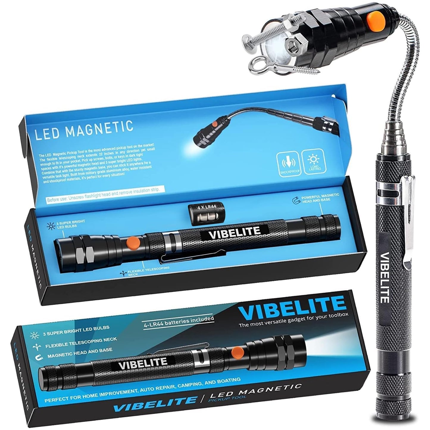 Telescoping Magnetic Pick Up Tool Magnetic Sweepers with 1 lb and 15 lb Pickup Rod, Round and Square 360 Swivel Adjustable Inspection Mirror and Flexible LED Flashlight, Birthday Gifts for Men, Dad