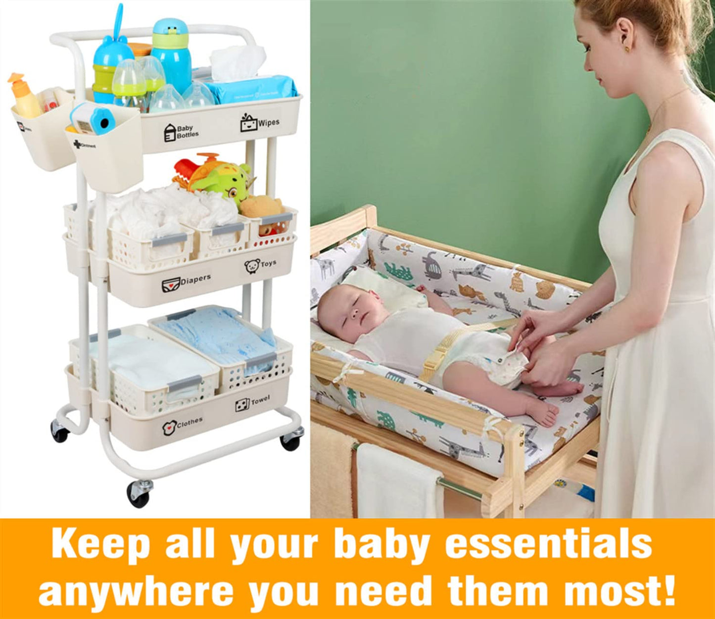 Baby Diaper Caddy Organizer Cart, 3-Tier Sturdy Movable Rolling Cart with Baskets and Hanging Cups, Large Capacity Newborn Nursery Essentials Diaper Storage for Changing Table & Crib, Easy to Assemble