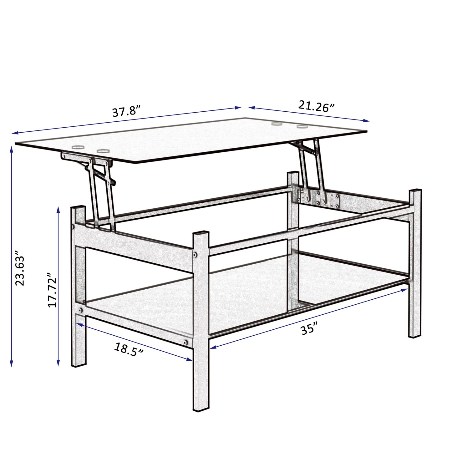 Meihua Lift Top Glass Coffee Table with Storage Compartment and Separated Open Shelves, Lift Tabletop for Living Room Home, Office, Black