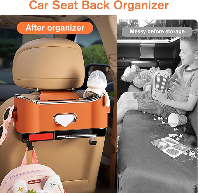 Multifunctional Car Seat Back Storage Box, Universal Car Seat Organizer, Car Seat Tissue Box and Organizer, Car Seat Paper Towel Organizer, Car Organizer with 2 Drink Cup Holders (Red)