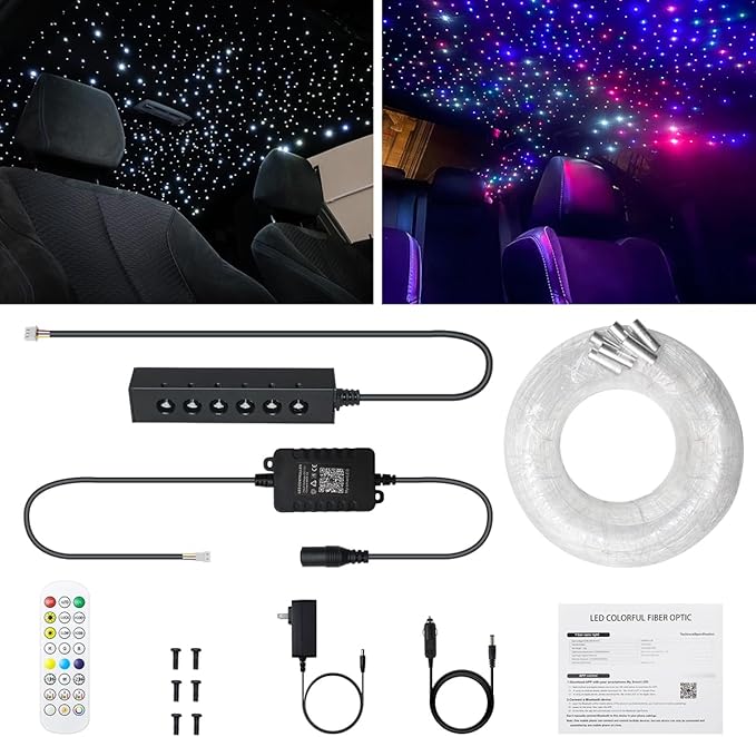 AZIMOM 6LED Colorful Fiber Optic Starlight Headliner Kits 360pcs*0.03in*9.8ft Fiber Strands APP& Remote Control Mix Color Chase Timing Fiber Optic Star Light for Car Home Sky Star Decoration