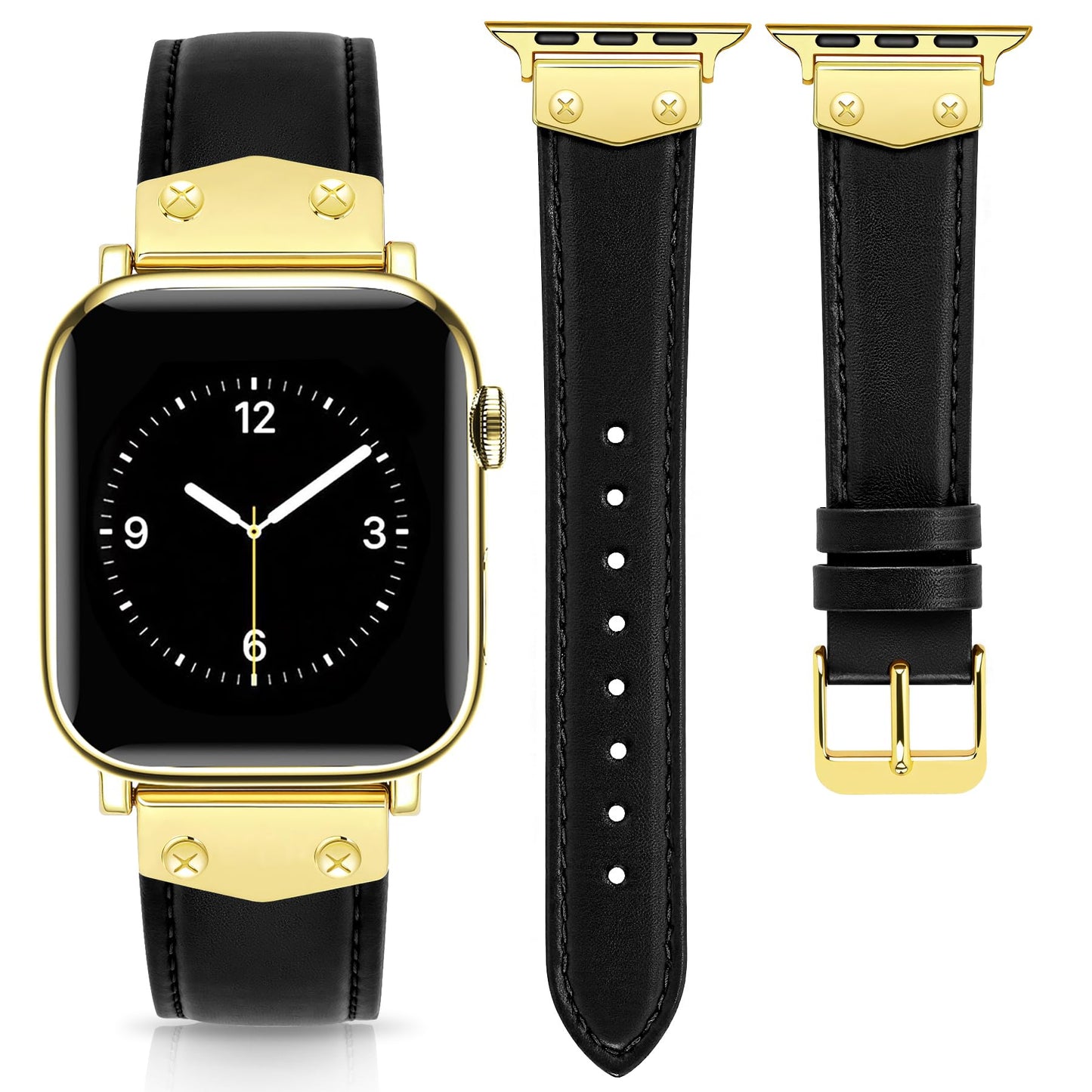 JR.DM Leather Band Compatible with Apple Watch Bands Women 38mm 40mm 41mm 42mm 44mm 45mm 46mm 49mm, Top Genuine Leather Strap with Studded Metal Charms for iWatch SE Series 10/9/8/7/6/5/4/3/2/1 Ultra