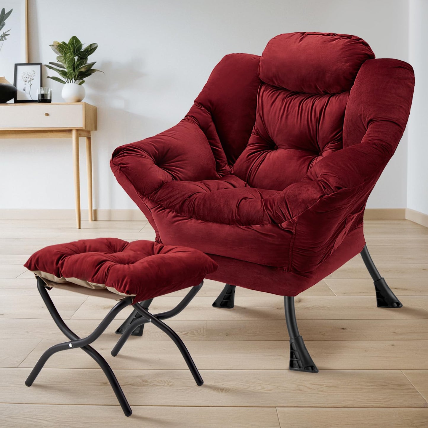 Congermom Lazy Chair with Folding Ottoman Modern Large Accent Chair,Contemporary Lounge Leisure Sofa Chair with Armrests Upholstered Sofa Armchair Reading Chair for Bedroom,Dorm&Office (Dusty Rose-f)