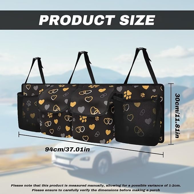 Hanging Car Trunk Organizer, Car Back Seat Storage with 4 Pockets Universal Detachable Car Accessories for SUV Hatchback Crossover Minivan (Dog Paw Print Love Heart Design)
