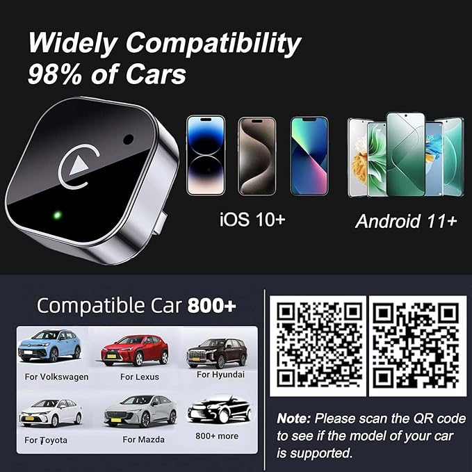 2025 Upgraded Wireless CarPlay Adapter for iPhone&Android, Mini Wired to Wireless Adapter for CarPlay &Android Auto, Plug and Play, Stable Connection & No Latency