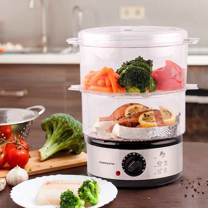 OVENTE 2 Tier Electric Food Steamer for Cooking Vegetables, Stainless Steel Base, Stackable and Dishwasher Safe Baskets, 400W with Auto Shutoff and 60-Minute Timer, 5 Quart Capacity, Silver FS62S