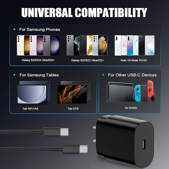 2Pack 25W USB C Charger for Samsung Galaxy S24 Ultra, Super Quite Fast Charging Type C Block with 6FT C to C Cord for Samsung Galaxy Tab S9 S8 S23 Ultra S22 Ultra S23 S22+ S22 S21 Note 10 Plus 20