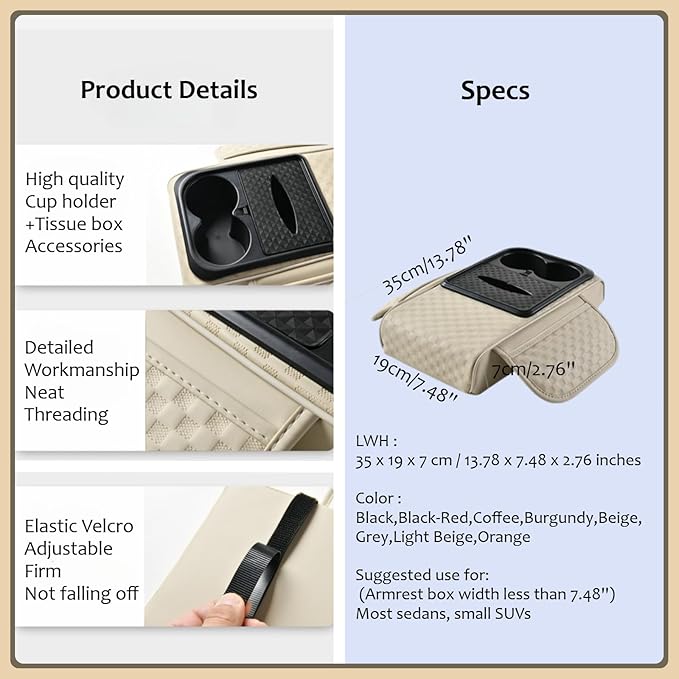 Car Center Console Armrest Pad, Arm Rest Box Cushion with Ergonomic Height Boost, Storage Pockets, Built-in Tissue Box, Cupholder, Fit for Most Sedan Vehicles (Embossing Checkerboard, Black)