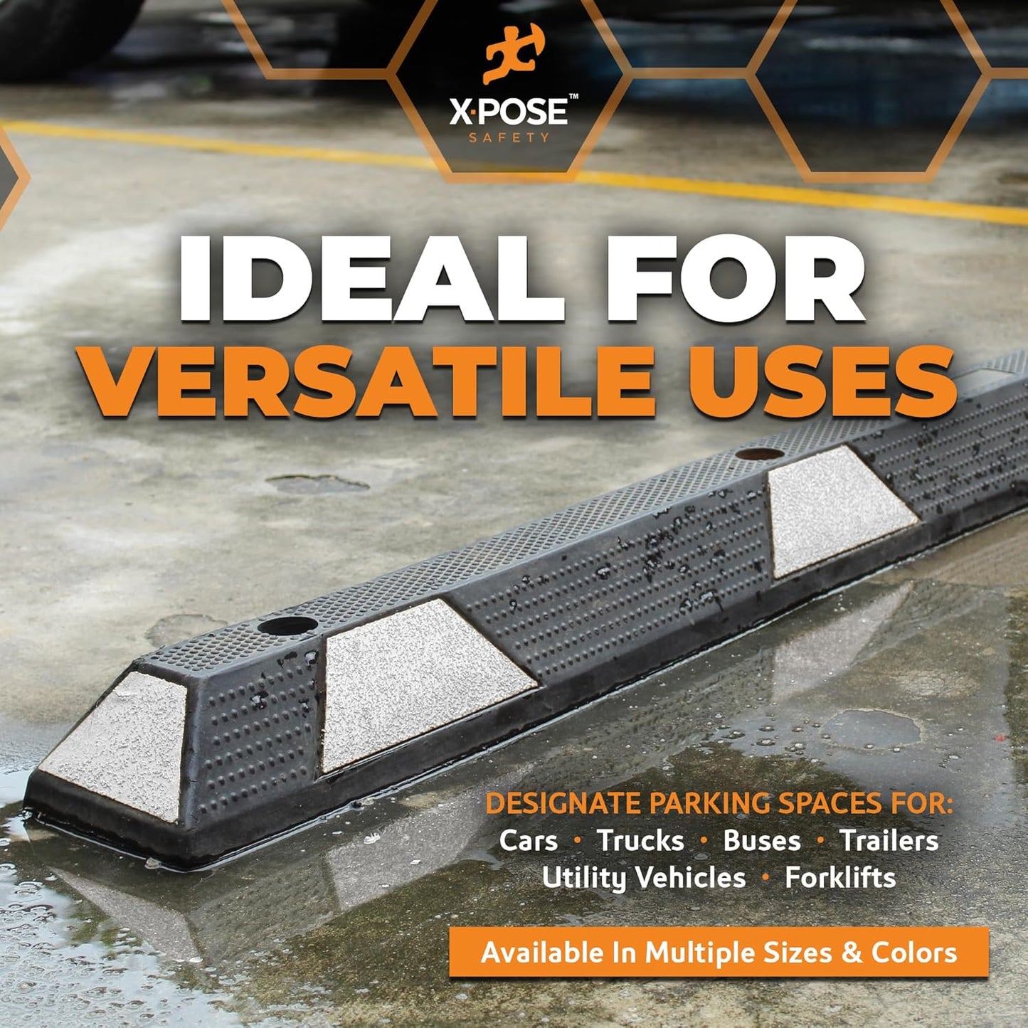 Xpose Safety 48" Heavy Duty Rubber Parking Stopper – Bulk Full Pallet 50 Pack Wheel Blocks for Garage, Driveway, or Ramp – Car Bumper Stop with White Reflective Strips – Removable Floor Mount