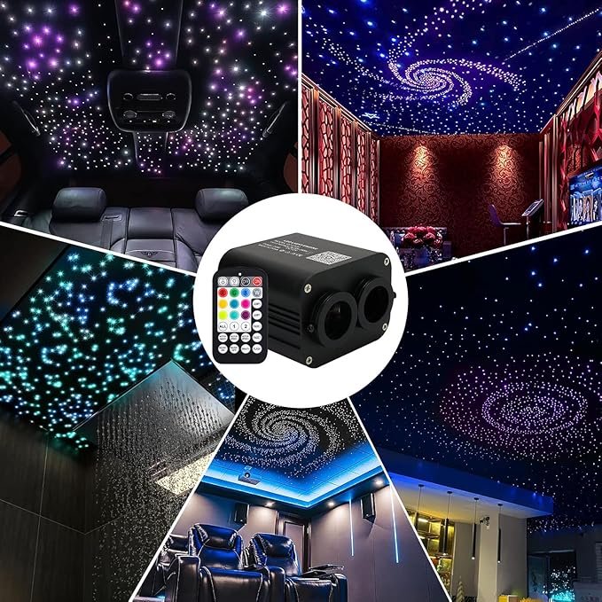 AMKI Dual Color 20W Twinkle Starlight Headliner Kit 1100pcs 0.03in 13.1ft Fiber Optic Star Ceiling Light Sound Activated Music Mode APP/Remote Control Dual Port Light Box for Car Home Roof Decor